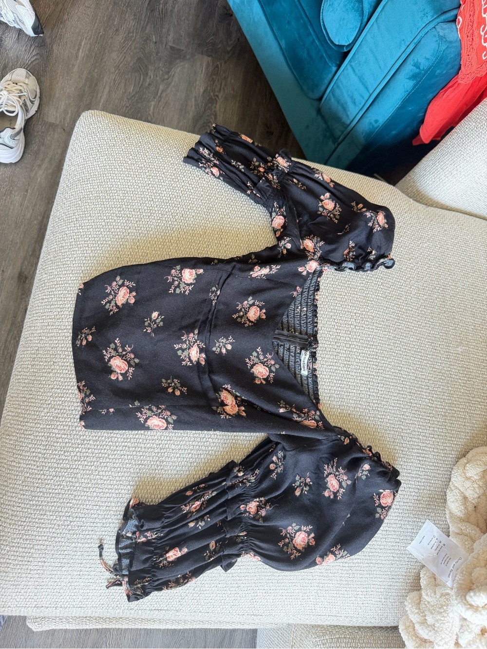 Reformation Black Floral Off-Shoulder Smocked Crop Top with Pink Roses